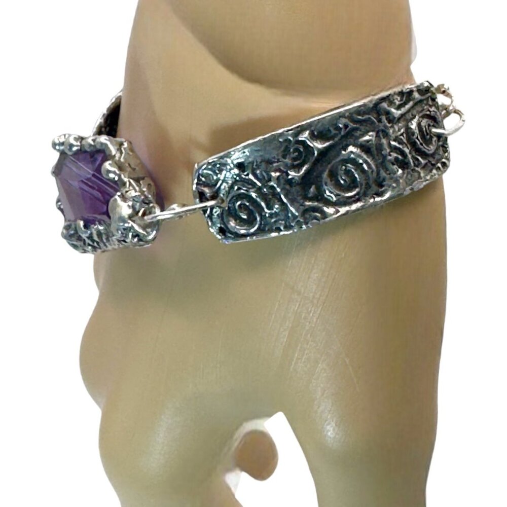 Amethyst Bracelet - Chunky Crystal Intricate Silver Links Adjustable 8" - Picture 14 of 17